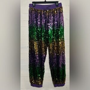 Bibi sequined joggers, Mardi Gras colors, purple, green and gold. Women’s large.